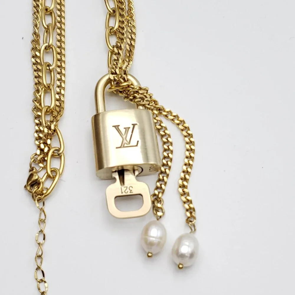 Stainless Steel Gold-Plated Necklace with Authentic Louis Vuitton Padlock